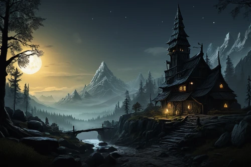 witch's house,fantasy landscape,mountain settlement,house in the forest,fantasy picture,witch house,the cabin in the mountains,halloween background,house in mountains,moonlit night,lonely house,night scene,devilwood,house in the mountains,northrend,black forest,cartoon video game background,world digital painting,winter house,home landscape,Illustration,Abstract Fantasy,Abstract Fantasy 01