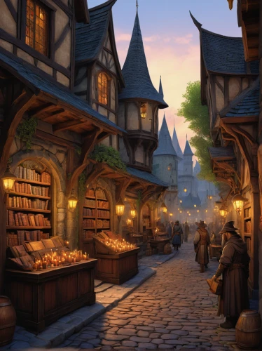 medieval street,hogwarts,medieval town,hamelin,medieval market,medieval architecture,bookstore,magic book,book store,bookshop,fantasy picture,marketplace,the cobbled streets,fantasy art,castle iron market,old town,fairy tale,magical adventure,a fairy tale,3d fantasy,Illustration,Retro,Retro 19