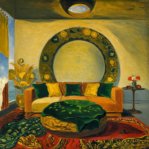 persian norooz,bedroom,sitting room,woman on bed,ottoman,dali,danish room,art nouveau,interior decor,livingroom,khokhloma painting,living room,ornate room,art nouveau design,parlour,sleeping room,el salvador dali,romanescu,four-poster,cabana,Art,Classical Oil Painting,Classical Oil Painting 08