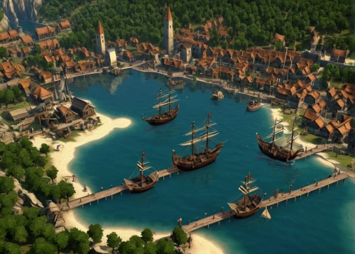 hanseatic city,caravel,hellenistic-era warships,eastern harbour,artificial islands,imperial shores,harbor area,seaport,constantinople,docks,ship yard,shipyard,harbor,sailing ships,east indiaman,old port,cargo port,ancient city,island of juist,harbour,Illustration,Realistic Fantasy,Realistic Fantasy 33
