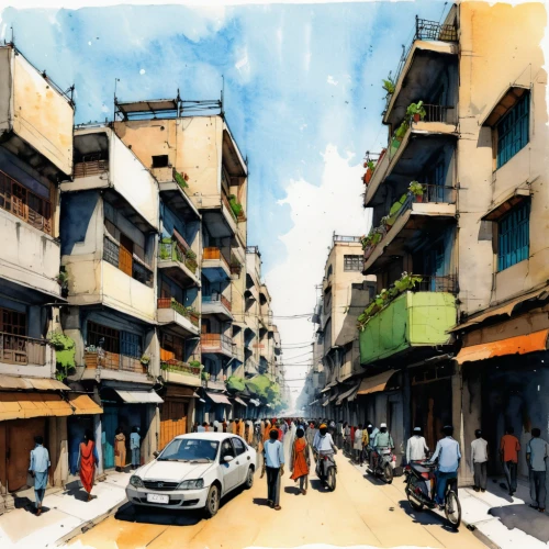 mumbai,mombasa,watercolor painting,watercolor sketch,kampala,watercolor,street scene,watercolor shops,nairobi,urbanization,hanoi,world digital painting,addis ababa,cairo,street view,havana,souk,watercolor paper,riad,photo painting,Illustration,Paper based,Paper Based 07