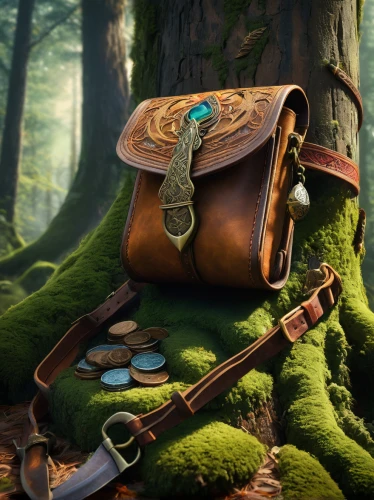 treasure chest,satchel,treasure map,fairy door,messenger bag,collected game assets,travel bag,treasure hunt,trinkets,purse,stone day bag,suitcase in field,leather suitcase,common shepherd's purse,carrying case,runes,attache case,druid grove,kit violin,baggage,Conceptual Art,Fantasy,Fantasy 05