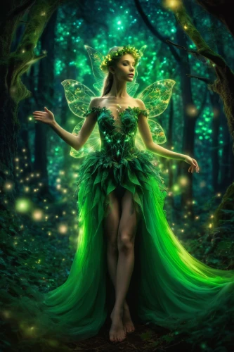 dryad,faerie,faery,fae,the enchantress,green aurora,fairy forest,fairy queen,fantasy picture,rosa 'the fairy,fairy,ballerina in the woods,elven forest,enchanted forest,fairy peacock,patrol,forest of dreams,fantasy art,celtic woman,green dress,Illustration,Realistic Fantasy,Realistic Fantasy 02
