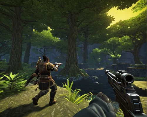 shooter game,ravine,screenshot,action-adventure game,devilwood,forest path,hunting decoy,combat pistol shooting,forest glade,fable,pine forest,jungle,graphics,firethorn,monkey island,the forest,croft,videogame,forest background,rifleman,Illustration,Japanese style,Japanese Style 09