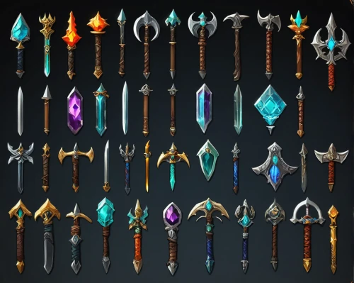 set of icons,collected game assets,weapons,crown icons,swords,decorative arrows,trinkets,icon set,glass items,quiver,tribal arrows,items,party icons,ranged weapon,hand draw vector arrows,inventory,torches,assortment,inward arrows,knives,Illustration,Paper based,Paper Based 21