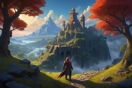 fantasy landscape,fantasy picture,wander,meteora,autumn mountains,world digital painting,autumn idyll,fantasy world,fantasy art,3d fantasy,autumn background,light of autumn,knight's castle,autumn landscape,high landscape,autumn light,fall landscape,games of light,witcher,wanderer,Conceptual Art,Oil color,Oil Color 16