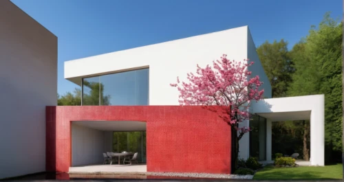 stucco wall,modern house,cubic house,landscape red,archidaily,modern architecture,corten steel,stucco frame,exterior decoration,residential house,red roof,dunes house,red tree,cube house,stucco,3d rendering,frame house,contemporary,house shape,model house