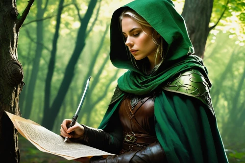 the enchantress,sorceress,heroic fantasy,robin hood,elven,fantasy picture,fantasy art,elven forest,fantasy portrait,sci fiction illustration,girl studying,wood elf,scholar,red riding hood,cloak,green forest,fairy tale character,druid,mage,green background,Illustration,Black and White,Black and White 10