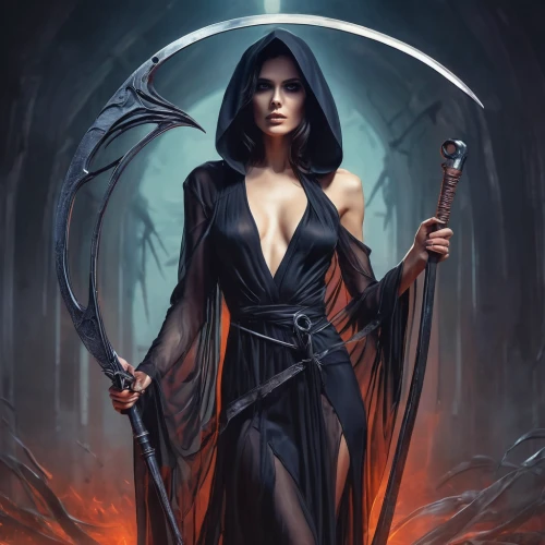 sorceress,the witch,huntress,gothic woman,scythe,dark elf,celebration of witches,dance of death,vampire woman,evil woman,the enchantress,swordswoman,dark angel,angel of death,grimm reaper,witches pentagram,witches,priestess,dodge warlock,witch,Conceptual Art,Sci-Fi,Sci-Fi 06