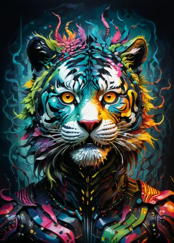 tiger,a tiger,royal tiger,tigers,tigerle,lion,psychedelic art,lion - feline,neon body painting,asian tiger,forest king lion,tiger png,liger,tiger head,fantasy art,to roar,illustrator,deep zoo,skeezy lion,roar,Illustration,Abstract Fantasy,Abstract Fantasy 19