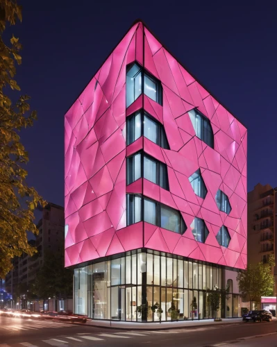 cubic house,cube house,building honeycomb,pink squares,cube stilt houses,multistoreyed,hotel w barcelona,modern architecture,glass facade,modern building,arq,new building,mixed-use,cube love,kirrarchitecture,glass building,pink octopus,arhitecture,office building,colorful facade,Photography,General,Realistic