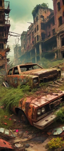 post apocalyptic,post-apocalyptic landscape,scrapyard,junkyard,wasteland,rusty cars,salvage yard,scrap yard,junk yard,destroyed city,abandoned car,post-apocalypse,derelict,lost place,rusting,scrapped car,cuba background,lostplace,scrap car,lost places,Conceptual Art,Oil color,Oil Color 23