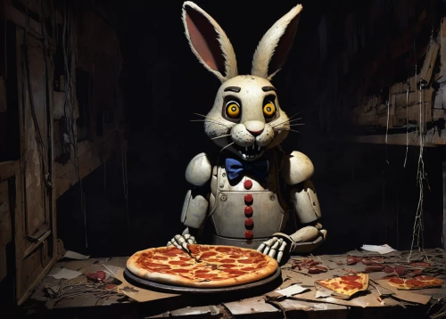 pizzeria,white rabbit,jackrabbit,pizza service,diner,gray hare,appetite,jack rabbit,jigsaw,hunger,3d render,dining,easter bunny,rabbit,american snapshot'hare,the pizza,order pizza,domestic rabbit,dark mood food,waiter,Conceptual Art,Oil color,Oil Color 10