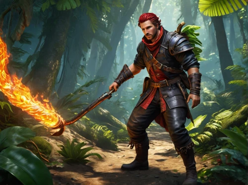 game illustration,dane axe,firethorn,robin hood,fire master,fire background,cg artwork,quarterstaff,forest fire,woodsman,forest background,male character,forest man,torch-bearer,adventurer,collected game assets,the wanderer,male elf,massively multiplayer online role-playing game,burning torch,Art,Classical Oil Painting,Classical Oil Painting 01
