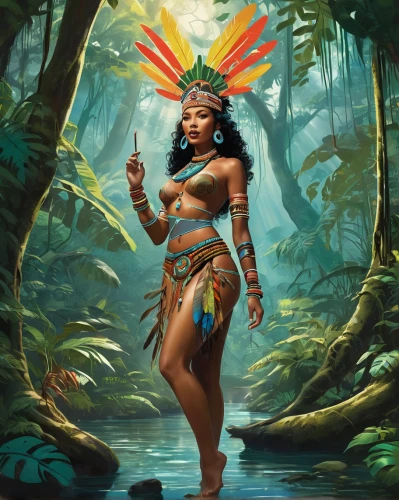 polynesian girl,polynesian,aztec,warrior woman,tribal chief,hula,shamanic,jaya,pocahontas,dryad,polynesia,amazonian oils,yellow crown amazon,pachamama,moana,shaman,african american woman,shamanism,merfolk,cleopatra,Illustration,Retro,Retro 12