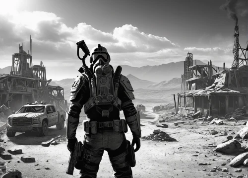fallout4,wasteland,fallout,mad max,post apocalyptic,lone warrior,dead earth,alien warrior,post-apocalyptic landscape,desolation,skyrim,apocalyptic,desolate,kos,fresh fallout,raider,the wanderer,background screen,warlord,nomad,Illustration,Black and White,Black and White 04