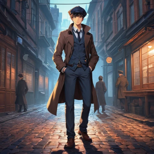 violet evergarden,detective,sherlock holmes,detective conan,trench coat,overcoat,frock coat,holmes,inspector,french digital background,sherlock,steampunk,investigator,gentlemanly,bowler hat,game illustration,standing man,stylish boy,aristocrat,top hat,Art,Classical Oil Painting,Classical Oil Painting 10