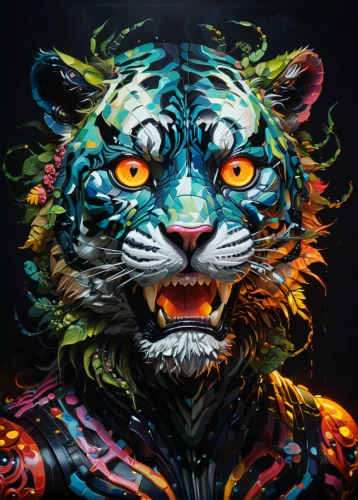 tiger png,tiger head,tiger,lion - feline,a tiger,neon body painting,wild cat,asian tiger,tigerle,lion,royal tiger,feline,world digital painting,blue tiger,liger,felidae,fractalius,maincoon,forest king lion,animal feline,Illustration,Abstract Fantasy,Abstract Fantasy 19