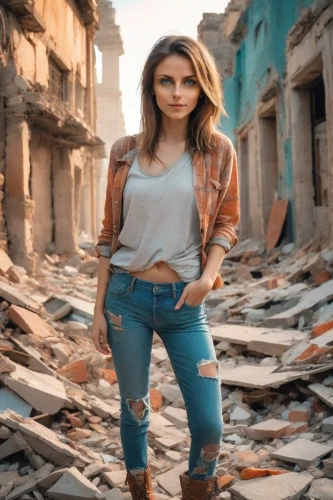 girl in a historic way,photo session in torn clothes,jeans background,destroyed city,strong woman,denim background,rubble,girl walking away,digital compositing,city ​​portrait,woman holding gun,portrait background,girl in overalls,concrete background,photographic background,girl with gun,young model istanbul,women clothes,kenya,post apocalyptic,Photography,Realistic