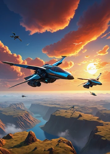 general atomics,northrop grumman,lockheed martin,sci fiction illustration,futuristic landscape,air combat,northrop grumman b-2 spirit,lockheed martin f-35 lightning ii,northrop yf-23,delta-wing,ufo intercept,lockheed sr-71 blackbird,boeing f/a-18e/f super hornet,united states air force,fighter aircraft,boeing x-45,blue angels,tiltrotor,rockwell b-1 lancer,supersonic aircraft,Conceptual Art,Sci-Fi,Sci-Fi 08