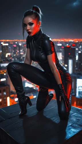 catwoman,darth talon,black widow,cyberpunk,digital compositing,harley,katana,daredevil,harley quinn,futuristic,harnessed,red,femme fatale,cyber,renegade,latex clothing,red matrix,red eyes,photoshop manipulation,huntress,Illustration,Black and White,Black and White 35
