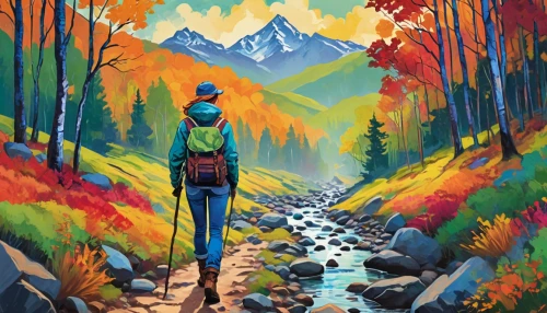 fall landscape,travel poster,autumn mountains,hiker,the spirit of the mountains,mountain guide,free wilderness,telluride,mountain scene,autumn background,autumn landscape,aspen,hikers,wilderness,mountain hiking,vail,colorado,mountains,teton,fall foliage,Conceptual Art,Oil color,Oil Color 25