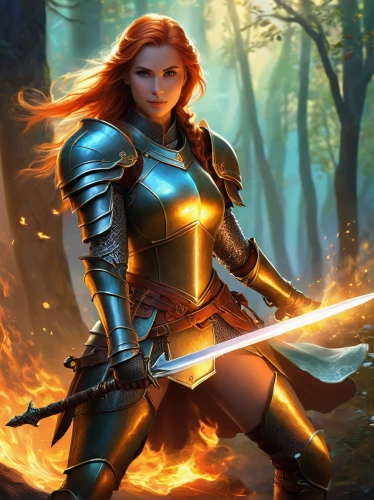 female warrior,firestar,swordswoman,fiery,defense,fire background,massively multiplayer online role-playing game,joan of arc,woman fire fighter,aa,merida,fire angel,heroic fantasy,warrior woman,cleanup,paladin,torchlight,fantasy woman,flame spirit,flame of fire,Illustration,Realistic Fantasy,Realistic Fantasy 01