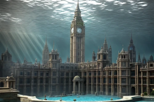 water castle,house of the sea,sunken church,underwater landscape,imperial shores,underwater background,submerged,big ben,underwater playground,underwater oasis,underground lake,atlantis,westminster palace,parliament,thermal bath,under the water,artificial island,city of london,uk sea,diamond lagoon