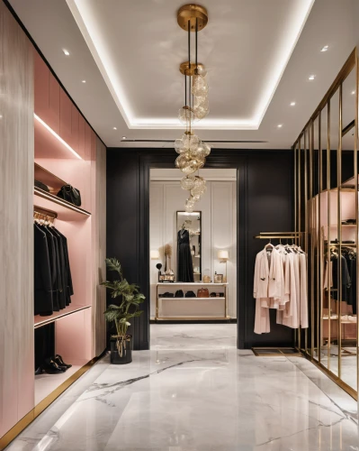 boutique,women's closet,walk-in closet,paris shops,gold bar shop,chanel,gold shop,dress shop,interior design,luxury accessories,shop fittings,gold-pink earthy colors,showroom,luxury home interior,wardrobe,closet,interior decoration,luxury,gold wall,versace,Photography,General,Realistic