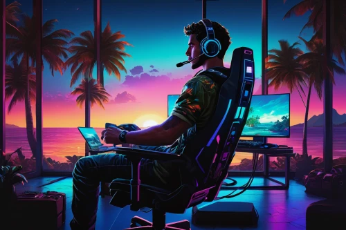 cyberpunk,mute,man with a computer,cyber,dusk background,would a background,operator,dj,freelancer,miami,doberman,dusk,computer,night administrator,coder,tropics,computer freak,gamer,club chair,scuba,Illustration,Paper based,Paper Based 26