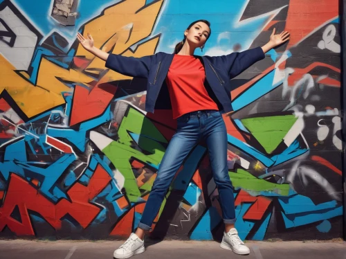 dance with canvases,graffiti,jeans background,street dancer,pointing woman,woman pointing,wall paint,cardboard background,painted wall,color wall,grafitti,hip-hop dance,red wall,colorful background,creative background,photographic background,painted block wall,mural,street dance,portrait background,Photography,Fashion Photography,Fashion Photography 08