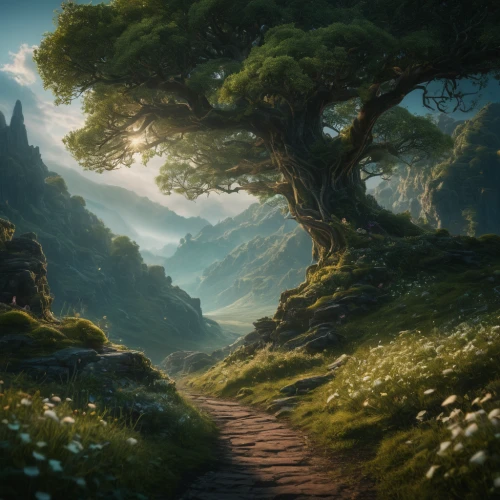 fantasy landscape,elven forest,the mystical path,hobbiton,forest path,pathway,jrr tolkien,druid grove,hiking path,the path,fantasy picture,forest landscape,fairy forest,enchanted forest,hobbit,fairytale forest,tree of life,forest road,games of light,cartoon video game background,Photography,General,Fantasy