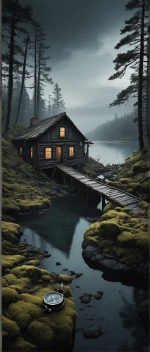 boathouse,house with lake,fisherman's house,boat house,house by the water,cottage,house in the forest,floating huts,lonely house,log home,summer cottage,fisherman's hut,world digital painting,the cabin in the mountains,house in mountains,boat shed,log cabin,inverted cottage,swampy landscape,home landscape,Illustration,Realistic Fantasy,Realistic Fantasy 29