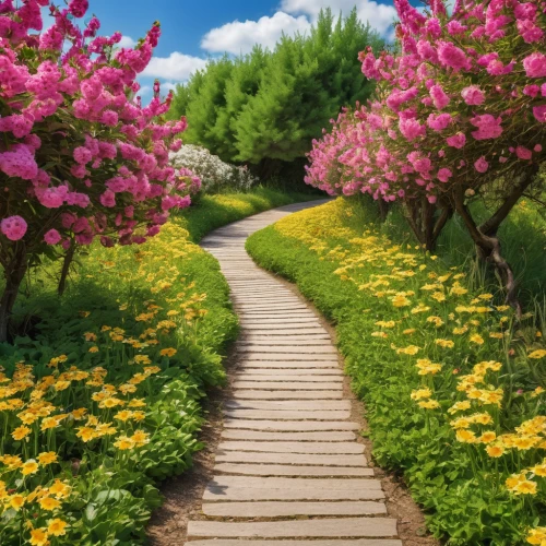 pathway,wooden path,tree lined path,spring background,springtime background,spring nature,hiking path,flower garden,splendor of flowers,walkway,the mystical path,flower field,spring blossoms,blooming field,colors of spring,sea of flowers,the path,field of flowers,tree top path,to the garden,Photography,General,Realistic
