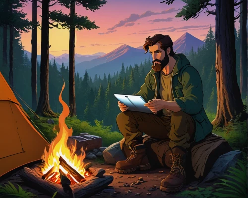 digital nomads,game illustration,campfire,remote work,nomad life,relaxing reading,illustrator,sci fiction illustration,free wilderness,book illustration,world digital painting,ereader,e-book,vector illustration,reading,writing-book,campfires,autumn camper,forest workplace,outdoor life,Illustration,Children,Children 01