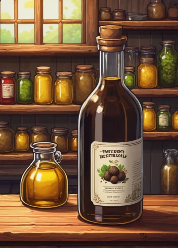 apothecary,cooking oil,honey products,walnut oil,mustard oil,natural oil,balsamic vinegar,soybean oil,vegetable oil,cottonseed oil,spreewald gherkins,aniseed liqueur,olive oil,brandy shop,wheat germ oil,plant oil,edible oil,bottle of oil,liqueur,sesame oil,Conceptual Art,Sci-Fi,Sci-Fi 05