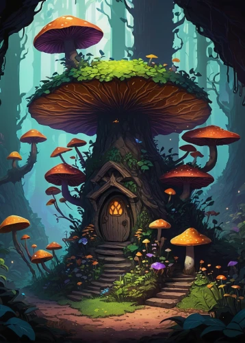 mushroom landscape,mushroom island,fairy village,fairy house,forest mushroom,tree mushroom,umbrella mushrooms,mushrooms,fairy chimney,club mushroom,forest mushrooms,witch's house,fairy forest,mushroom,mushroom type,toadstools,druid grove,fairy world,treehouse,toadstool,Conceptual Art,Fantasy,Fantasy 11