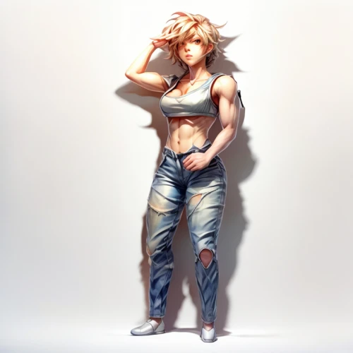 muscle woman,croft,female warrior,tiber riven,fullmetal alchemist edward elric,strong woman,male character,3d figure,male poses for drawing,sheik,goku,digital painting,edge muscle,jeans background,son goku,gyro,game character,cg artwork,kayano,abs