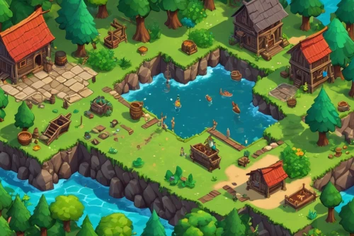 a small lake,water mill,tavern,pond,resort town,tileable,underground lake,a small waterfall,mountain settlement,mountain village,campsite,fairy village,fish pond,villages,alpine village,small cabin,wooden mockup,mountain spring,fishing village,house with lake,Unique,3D,Isometric