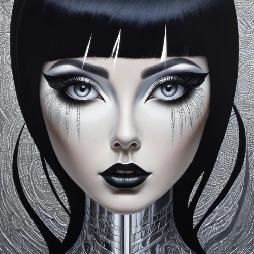 gothic portrait,silver rain,gothic woman,fantasy portrait,goth woman,marionette,fashion illustration,painter doll,silver,gothic fashion,artist doll,pierrot,silver lacquer,biomechanical,widow's tears,dark art,silvery,angel's tears,gray crowned,art deco woman,Illustration,Black and White,Black and White 07