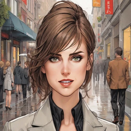 city ​​portrait,sci fiction illustration,mystery book cover,world digital painting,a pedestrian,game illustration,girl walking away,the girl's face,businesswoman,girl with speech bubble,portrait background,spy,pedestrian,woman in menswear,woman walking,spy visual,book cover,rosa ' amber cover,vesper,head woman,Digital Art,Comic