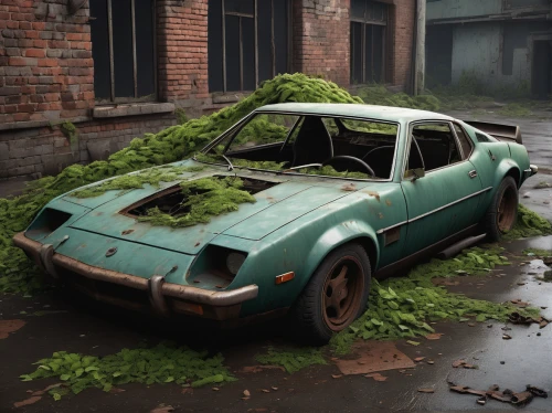 scrapped car,abandoned car,planted car,old abandoned car,porsche 914,scrap car,the wreck of the car,dacia,car scrap,weather-beaten,scrapyard,green waste,rusty cars,car recycling,salvage yard,patina,luxury decay,overgrown,car cemetery,derelict,Art,Classical Oil Painting,Classical Oil Painting 11