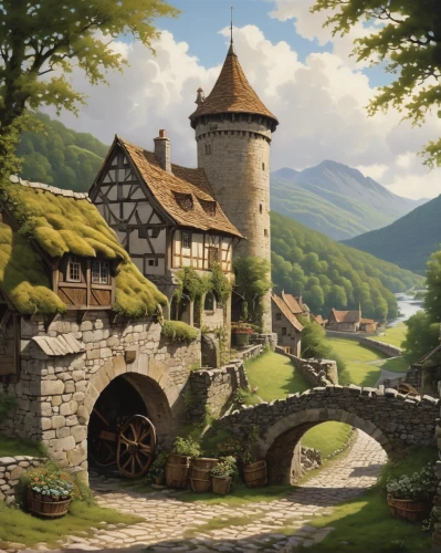 knight village,fantasy landscape,mountain settlement,alpine village,hobbiton,medieval town,fairy tale castle,mountain village,medieval architecture,fantasy picture,medieval castle,knight's castle,stone houses,medieval,home landscape,fairytale castle,escher village,castle iron market,fantasy art,transylvania,Conceptual Art,Fantasy,Fantasy 29