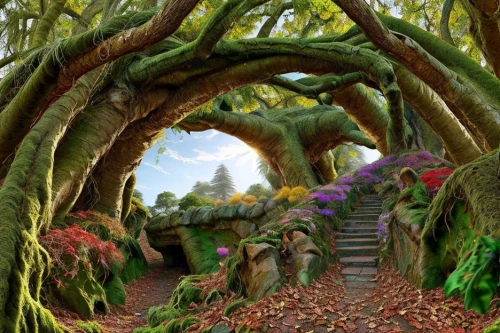 fairy forest,fairy village,enchanted forest,celtic tree,elven forest,fairytale forest,fairy world,fantasy picture,druid grove,hobbiton,fairy door,forest path,the mystical path,pathway,fairy house,tree top path,fantasy landscape,tunnel of plants,3d fantasy,wooden path