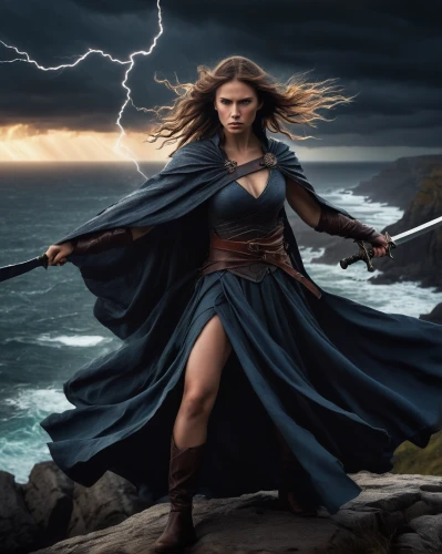 wind warrior,digital compositing,warrior woman,celtic woman,the wind from the sea,sorceress,heroic fantasy,female warrior,strong woman,storm,biblical narrative characters,force of nature,sprint woman,fantasy woman,sea storm,monsoon banner,photoshop manipulation,fantasy picture,god of thunder,strong women,Illustration,Abstract Fantasy,Abstract Fantasy 22
