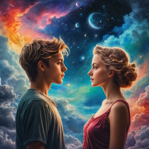 celestial bodies,romantic portrait,twiliight,vintage boy and girl,twilight,artists of stars,the moon and the stars,celestial,passengers,two people,boy and girl,sci fiction illustration,astronomers,love in air,cg artwork,romantic scene,fantasy picture,young couple,the stars,sun and moon,Photography,General,Fantasy