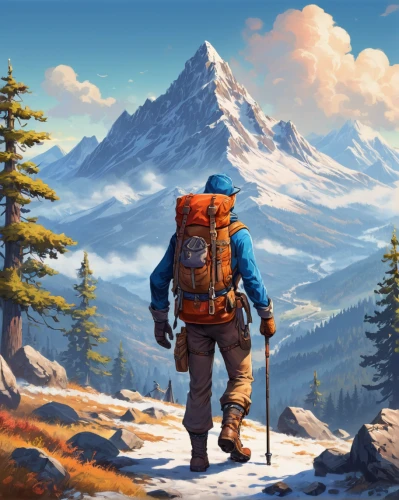 mountain guide,adventurer,hiker,alpine crossing,mountaineer,the wanderer,mountain world,snowy peaks,backpacking,mountain boots,the spirit of the mountains,mountain scene,explorer,mountain hiking,mountain peak,autumn mountains,game illustration,giant mountains,world digital painting,mountaineers,Unique,Pixel,Pixel 05