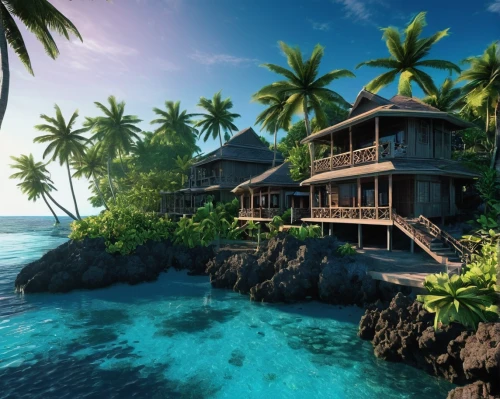 tropical house,tropical island,fiji,tahiti,tropical beach,french polynesia,island suspended,tropics,ocean paradise,tropical sea,holiday villa,floating huts,house by the water,moorea,over water bungalow,polynesia,bora bora,seychelles,tropical jungle,south pacific,Illustration,Realistic Fantasy,Realistic Fantasy 46