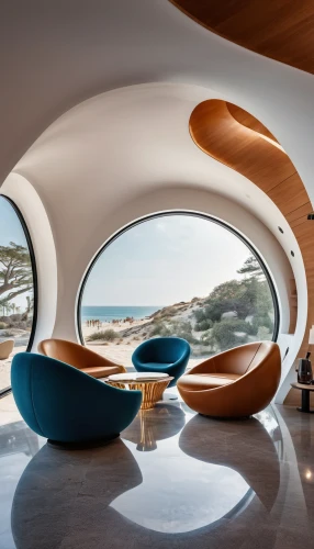 dunes house,futuristic architecture,ufo interior,beach furniture,round hut,modern decor,futuristic art museum,breakfast room,interior modern design,round house,beach hut,futuristic landscape,teardrop camper,modern living room,archidaily,interior design,round metal shapes,chaise lounge,contemporary decor,holiday home