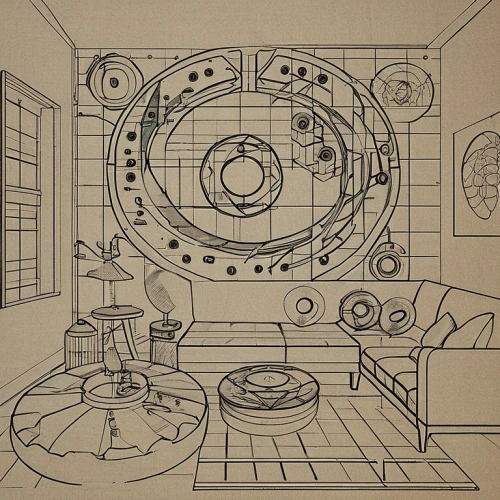 panopticon,orrery,whirlpool pattern,porthole,camera illustration,ufo interior,floor plan,round house,house drawing,tv test pattern,laundry room,circular staircase,circular ornament,spirograph,interiors,fallout shelter,tube radio,rooms,circular pattern,circle design,Design Sketch,Design Sketch,Blueprint